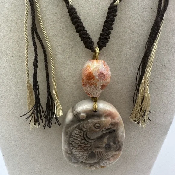Handcrafted Coral Fossil Jade Fish Carving Pendant Necklace on Adjustable Rope - Picture 11 of 13